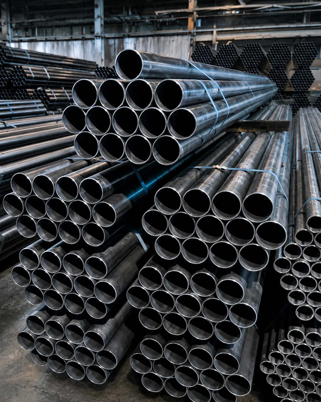 ERW carbon steel round tubing stacked in Vanex Tube warehouse facility